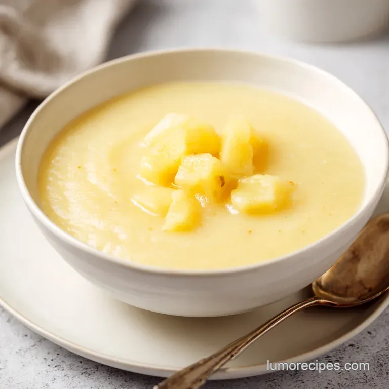 Smooth white soup in a minimal bowl with a precision swirl of cream and fresh herbs on a gray stone surface.