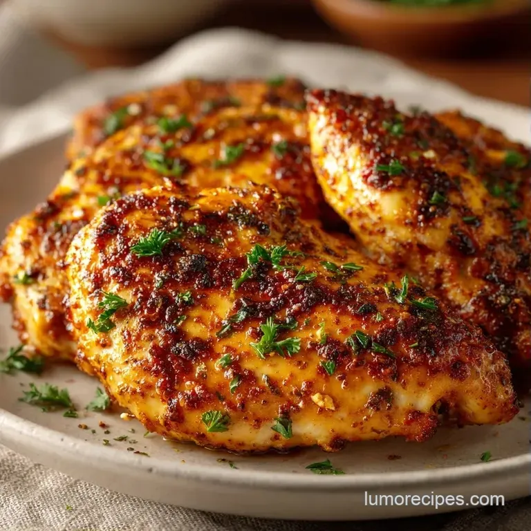 Seared chicken thighs plated on a white ceramic dish, garnished with fresh parsley and drizzled with a rich pan glaze.