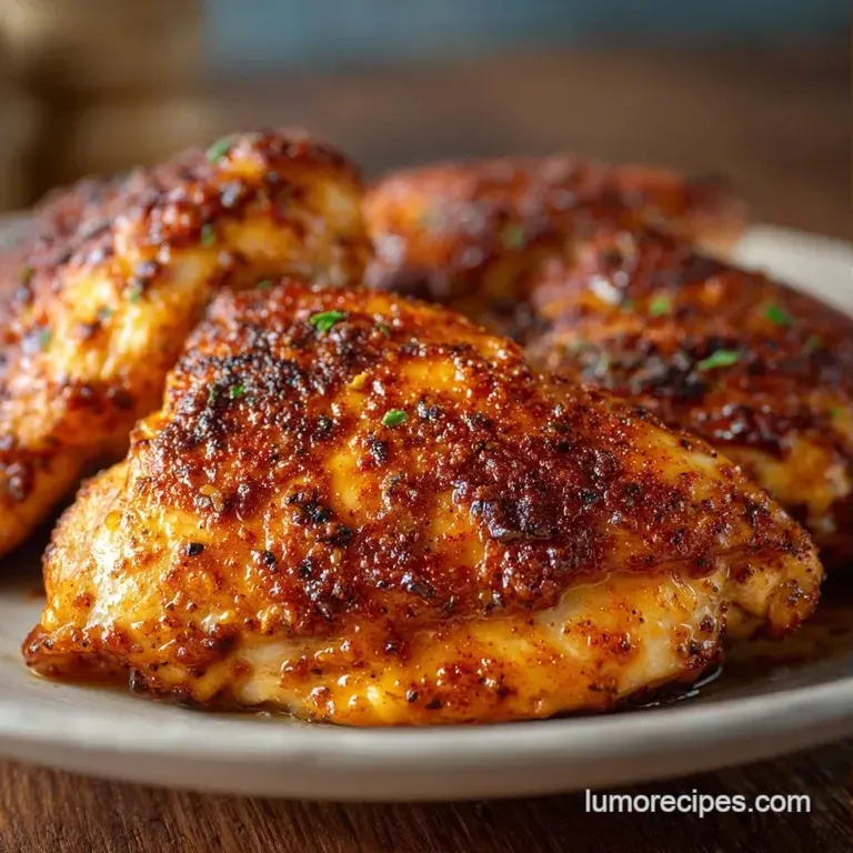 Two seared chicken thighs on a white ceramic plate with glossy pan sauce, fresh parsley, and a lemon wedge.