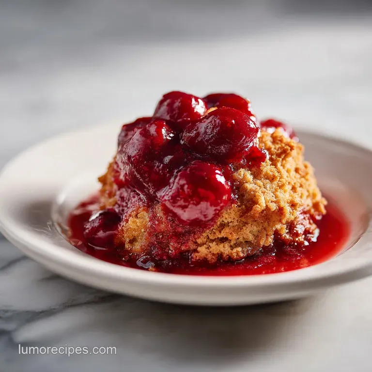 A warm slice of golden cake and fruit on a white plate, topped with melting vanilla cream and a red cherry.