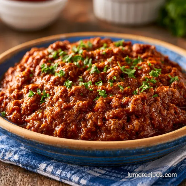 Cheesy beef dip in a white bowl surrounded by crunchy tortilla chips and a sprinkle of fresh green onions.