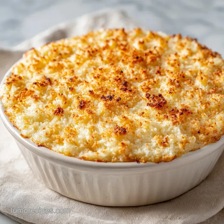 A neat square of creamy, cheesy potato casserole on a ceramic plate, garnished with a delicate sprig of parsley.