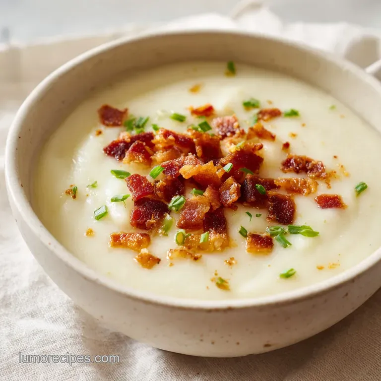 A steaming bowl of thick, ivory-colored soup topped with savory bacon bits and a sprig of fresh green parsley.