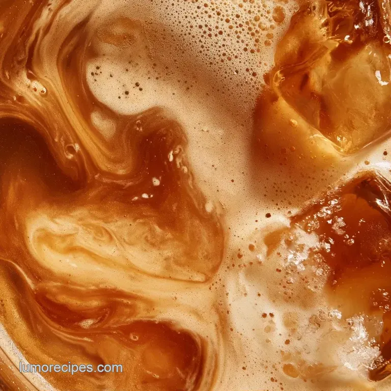 Frosted tall glass filled with a creamy beige soda and ice, topped with a straw on a clean, bright marble surface.